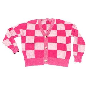 Checkered Women’s M V-neck Cardigan Button Up Long Sleeve Preppy Fun Casual